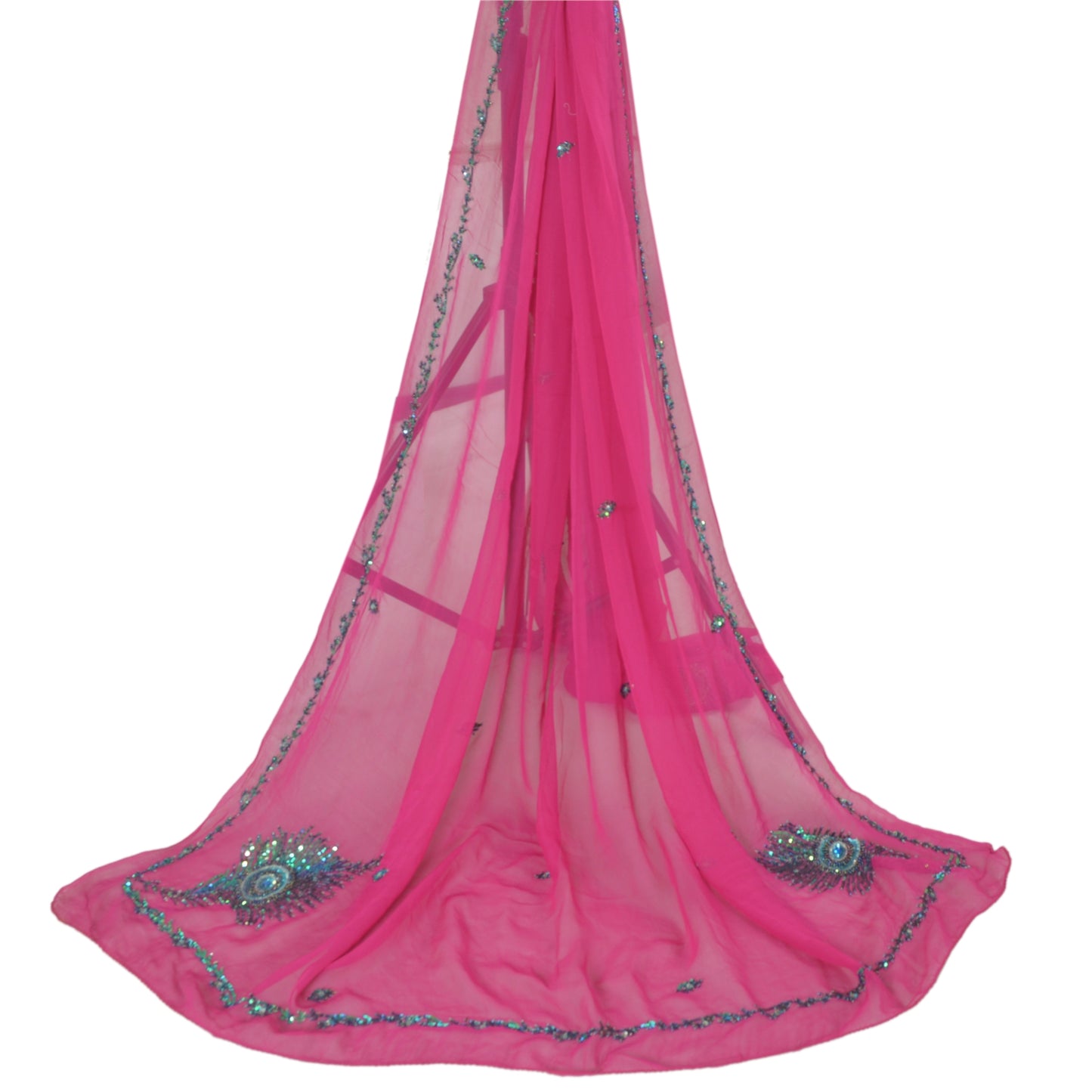 Sanskriti Vintage Long Hot-Pink Dupatta Pure Georgette Hand Beaded Sequins Veil