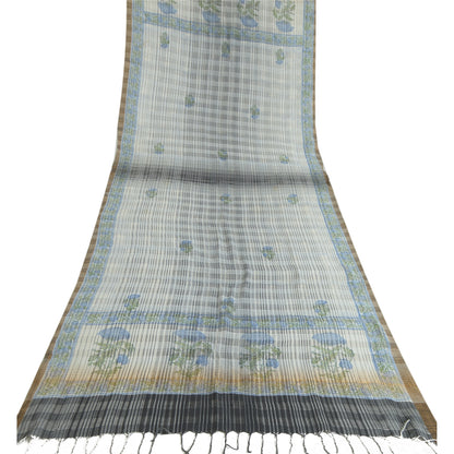 Sanskriti Vintage Long Dupatta Ivory Pure Cotton Printed Zari Woven Stole Veil