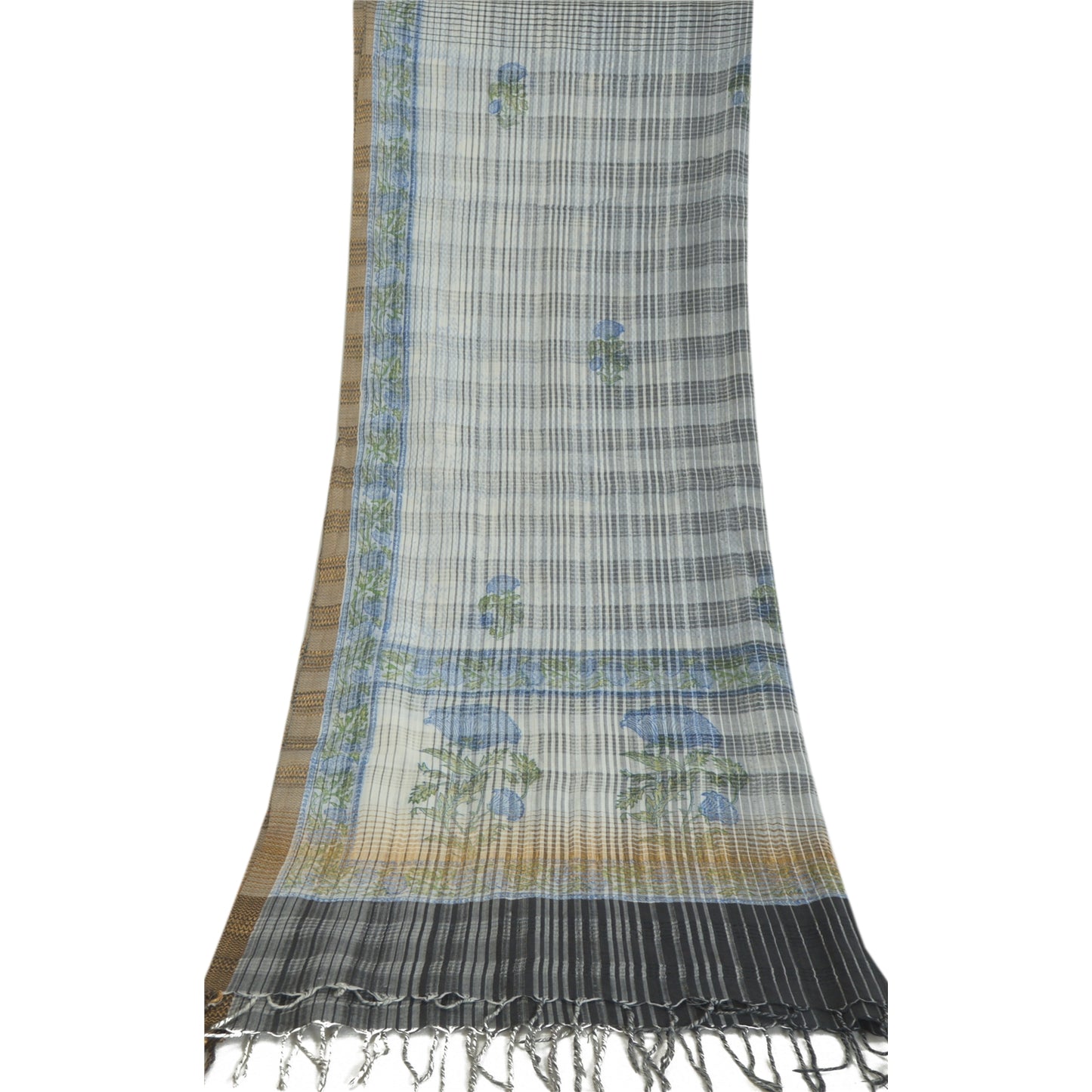 Sanskriti Vintage Long Dupatta Ivory Pure Cotton Printed Zari Woven Stole Veil