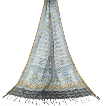 Sanskriti Vintage Long Dupatta Ivory Pure Cotton Printed Zari Woven Stole Veil