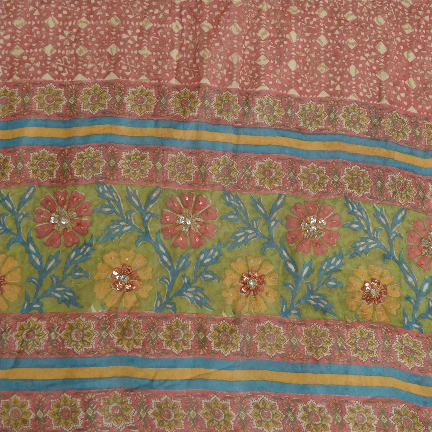 Sanskriti Vintage Long Pink Dupatta Pure Silk Hand Beaded Printed Stole Veil