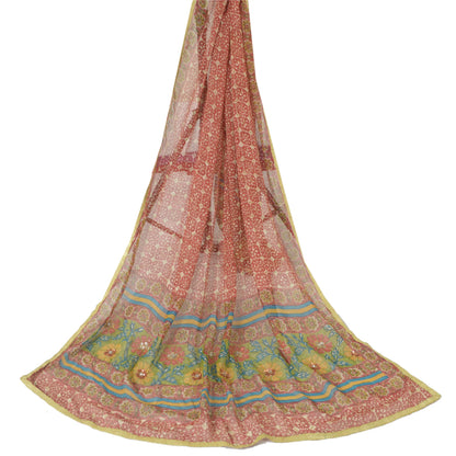 Sanskriti Vintage Long Pink Dupatta Pure Silk Hand Beaded Printed Stole Veil