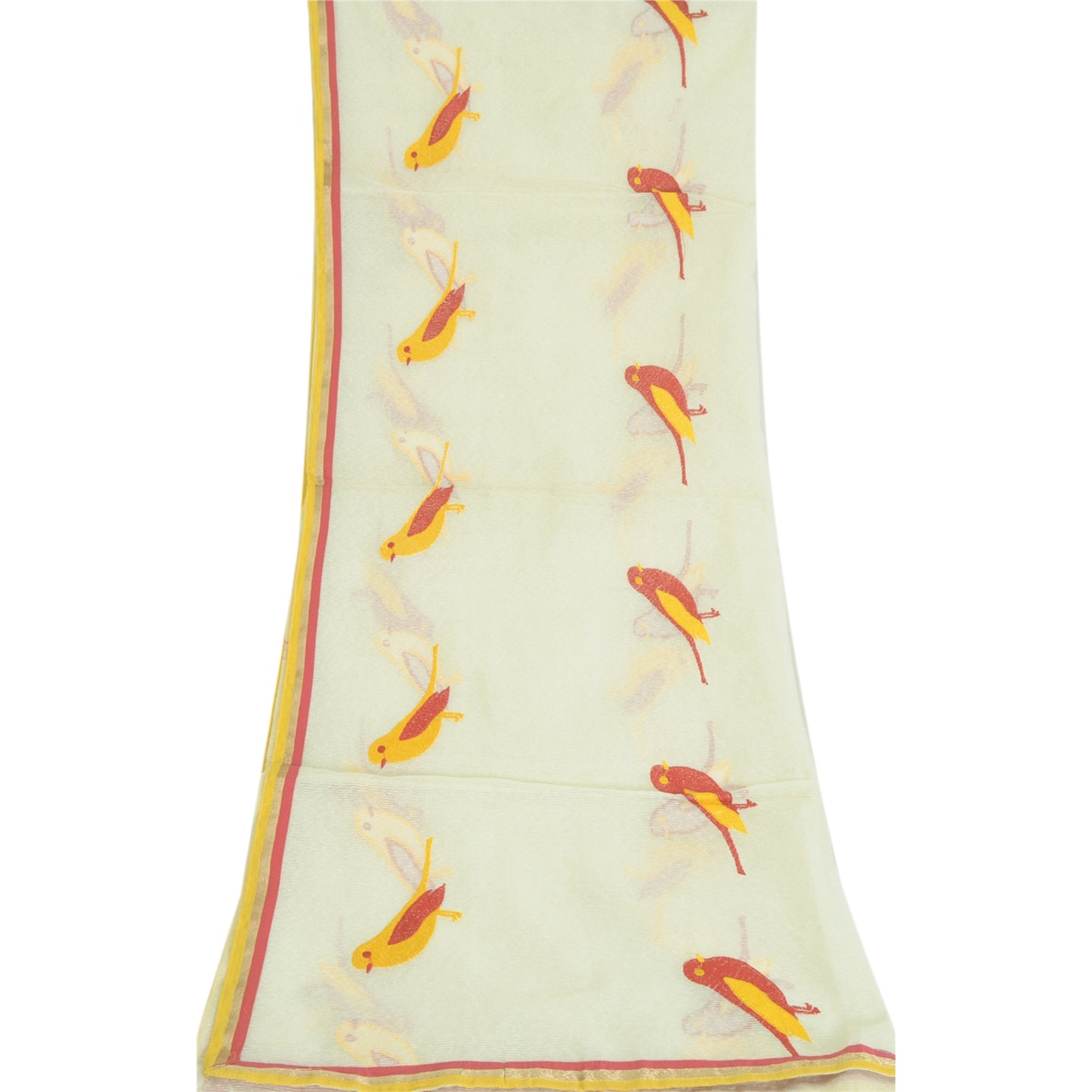 Sanskriti Vintage Long Ivory Dupatta Cotton Stole Kota Bird Embrodered Scarves