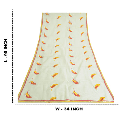 Sanskriti Vintage Long Ivory Dupatta Cotton Stole Kota Bird Embrodered Scarves