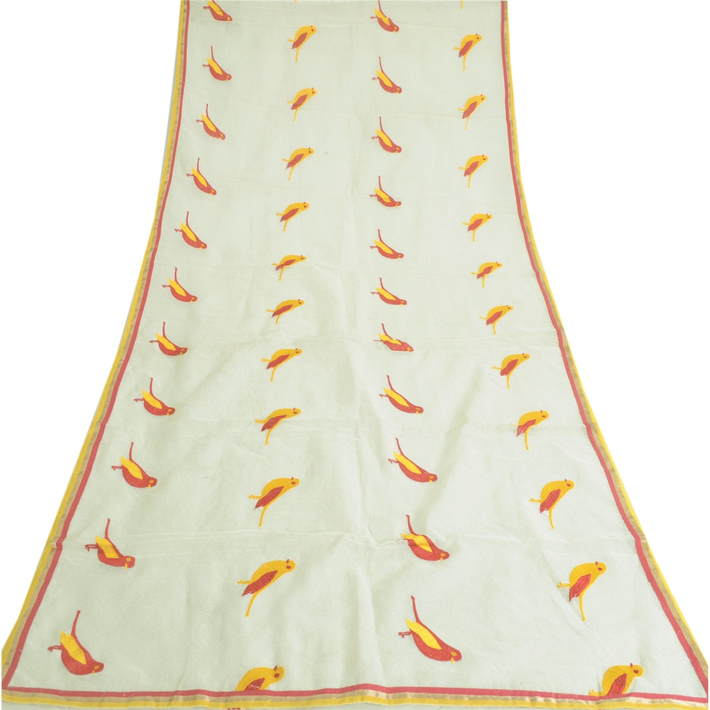 Sanskriti Vintage Long Ivory Dupatta Cotton Stole Kota Bird Embrodered Scarves