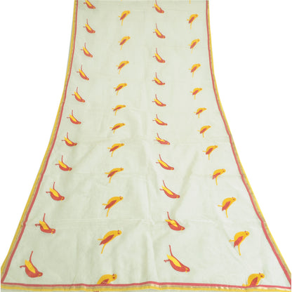 Sanskriti Vintage Long Ivory Dupatta Cotton Stole Kota Bird Embrodered Scarves