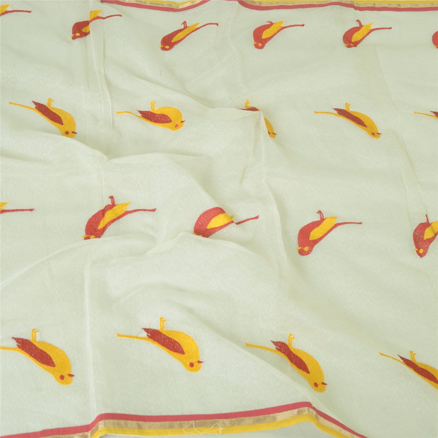 Sanskriti Vintage Long Ivory Dupatta Cotton Stole Kota Bird Embrodered Scarves