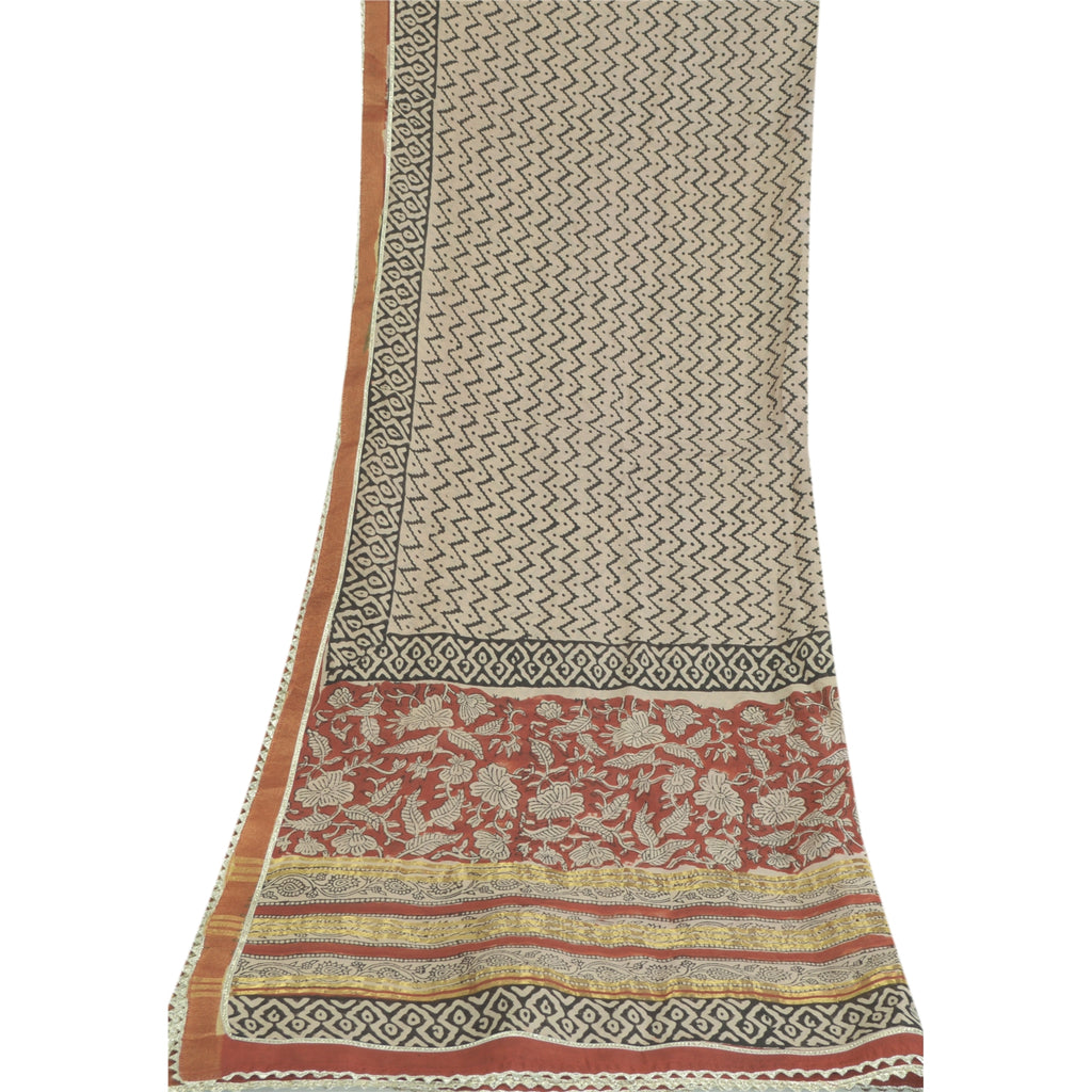 Sanskriti Vintage Long Ivory Dupatta Pure Chanderi Cotton Veil HandBlock Printed