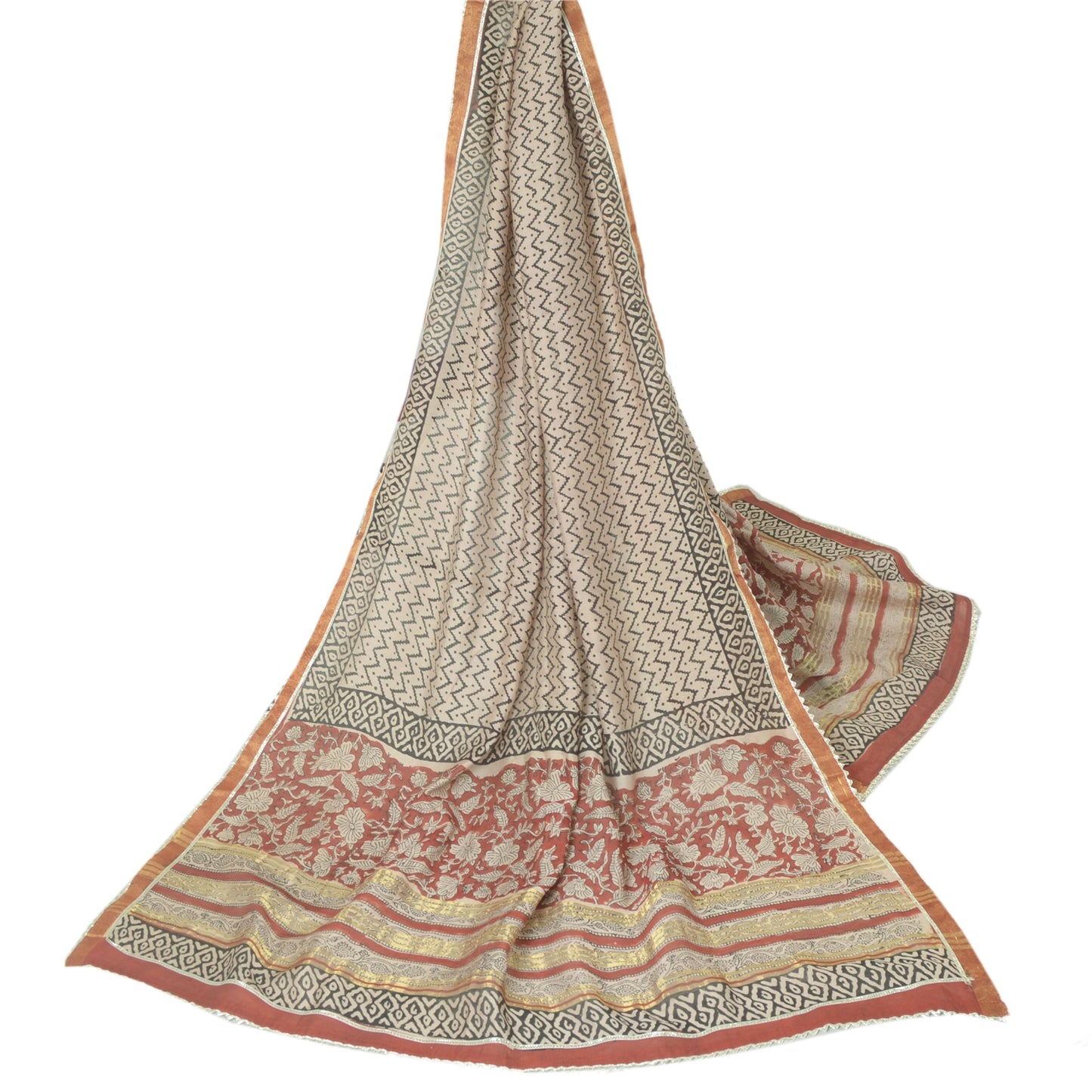 Sanskriti Vintage Long Ivory Dupatta Pure Chanderi Cotton Veil HandBlock Printed