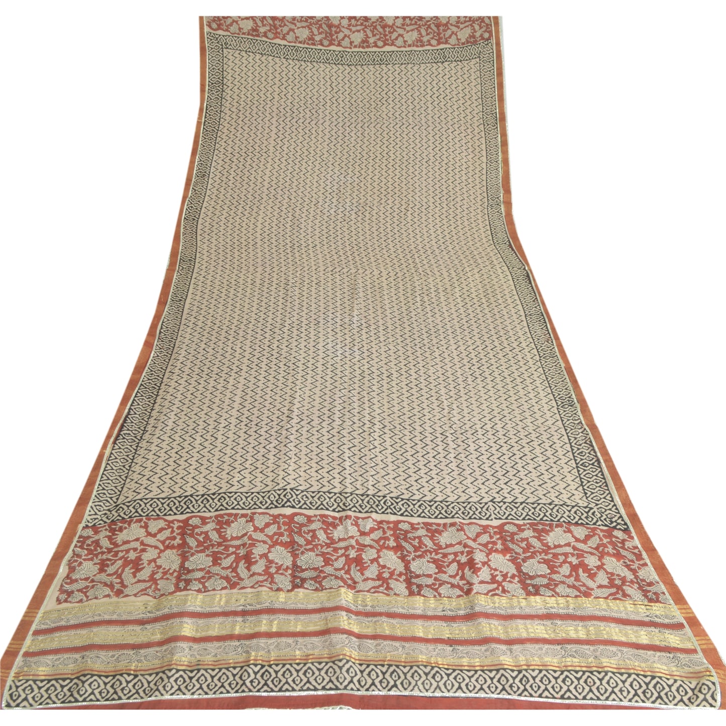 Sanskriti Vintage Long Ivory Dupatta Pure Chanderi Cotton Veil HandBlock Printed