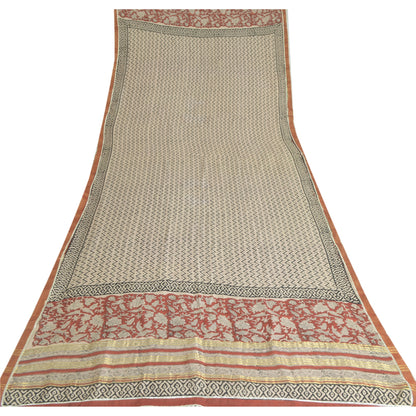 Sanskriti Vintage Long Ivory Dupatta Pure Chanderi Cotton Veil HandBlock Printed