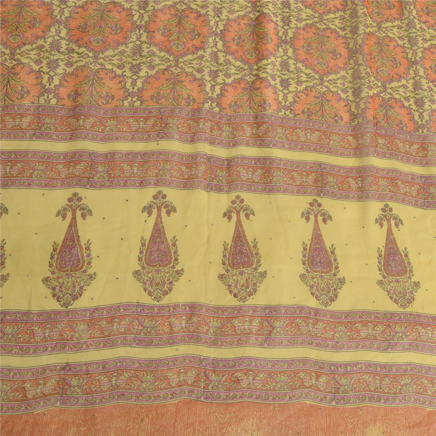 Sanskriti Vintage Long Yellow Dupatta Pure Silk Mukesh Hand Block Print Stole