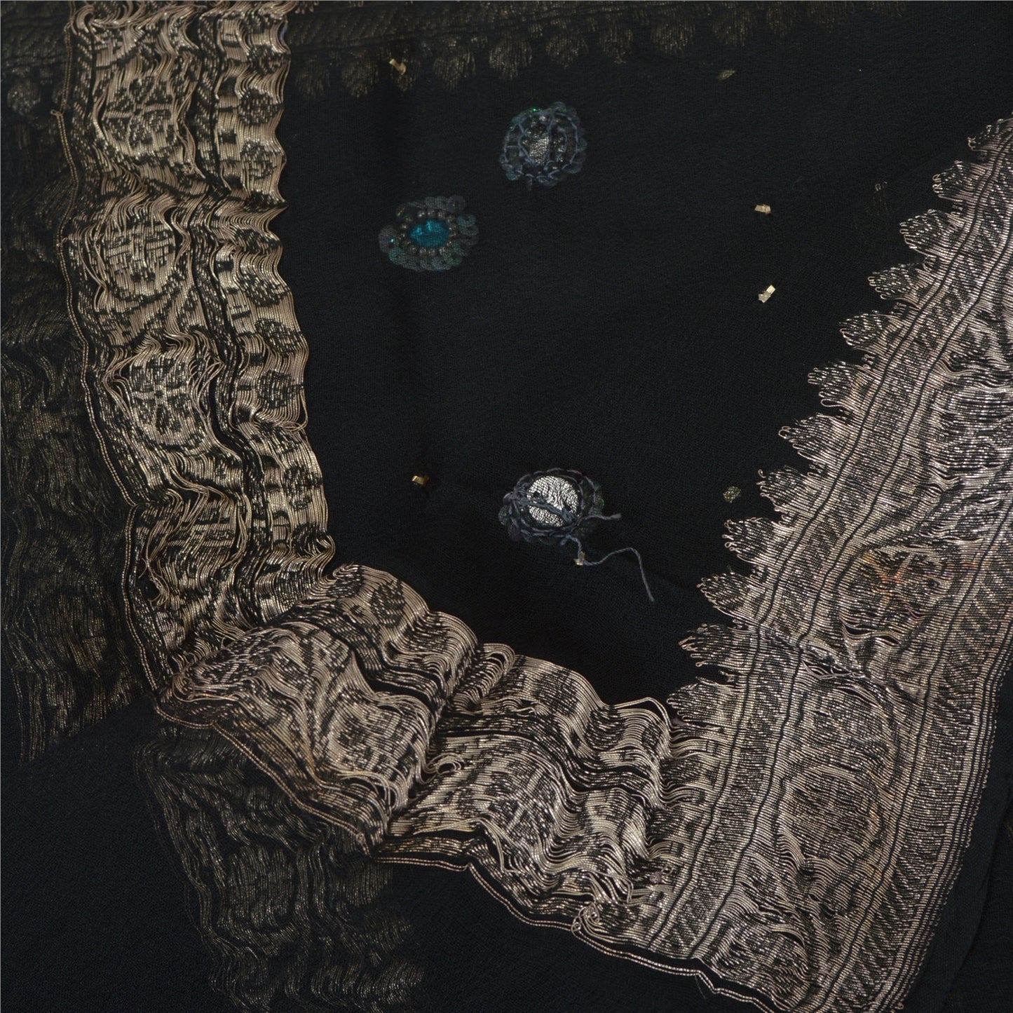 Sanskriti Vintage Long Black Dupatta Pure Chiffon Brocade Zari Woven Beaded Veil