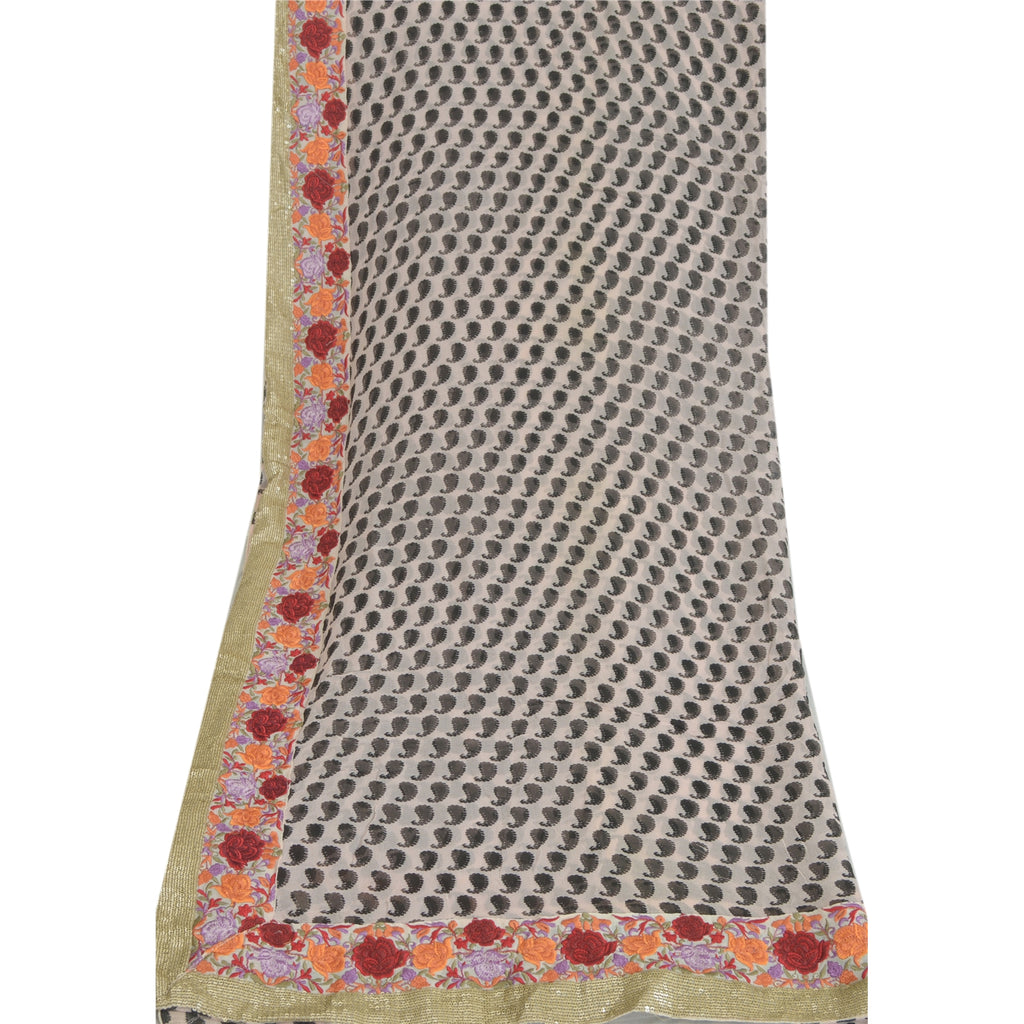 Sanskriti Vintage Long Ivory Dupatta Pure Silk Printed Embroidered Lace Scarves