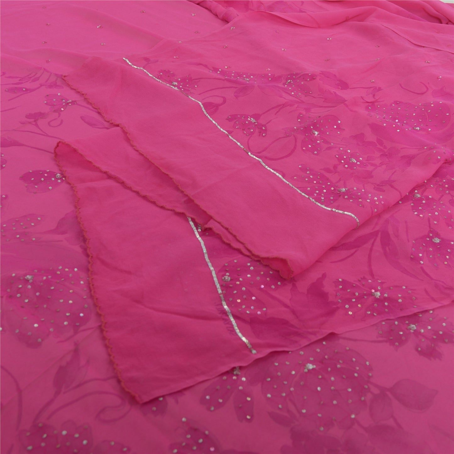 Sanskriti Vintage Long Pink Dupatta Pure Georgette Sequins Hand Beads Veil Stole