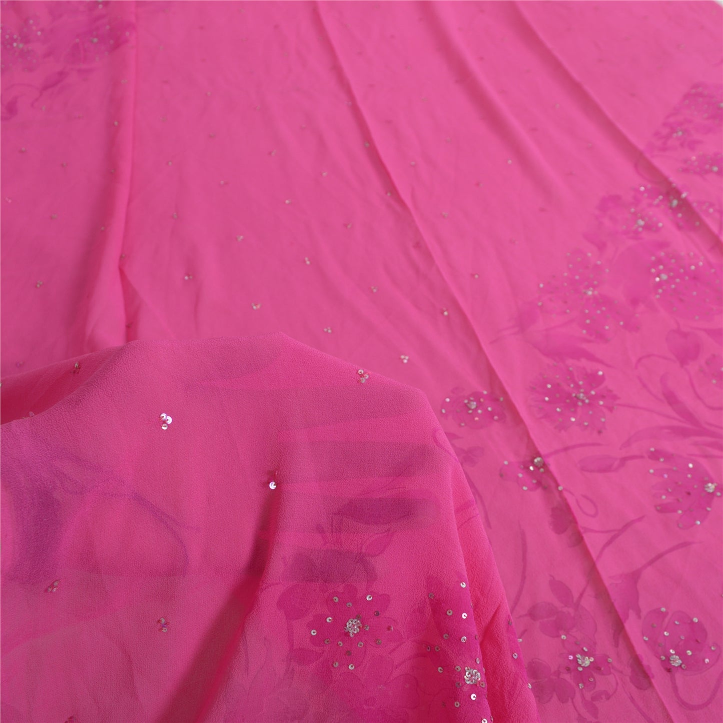 Sanskriti Vintage Long Pink Dupatta Pure Georgette Sequins Hand Beads Veil Stole