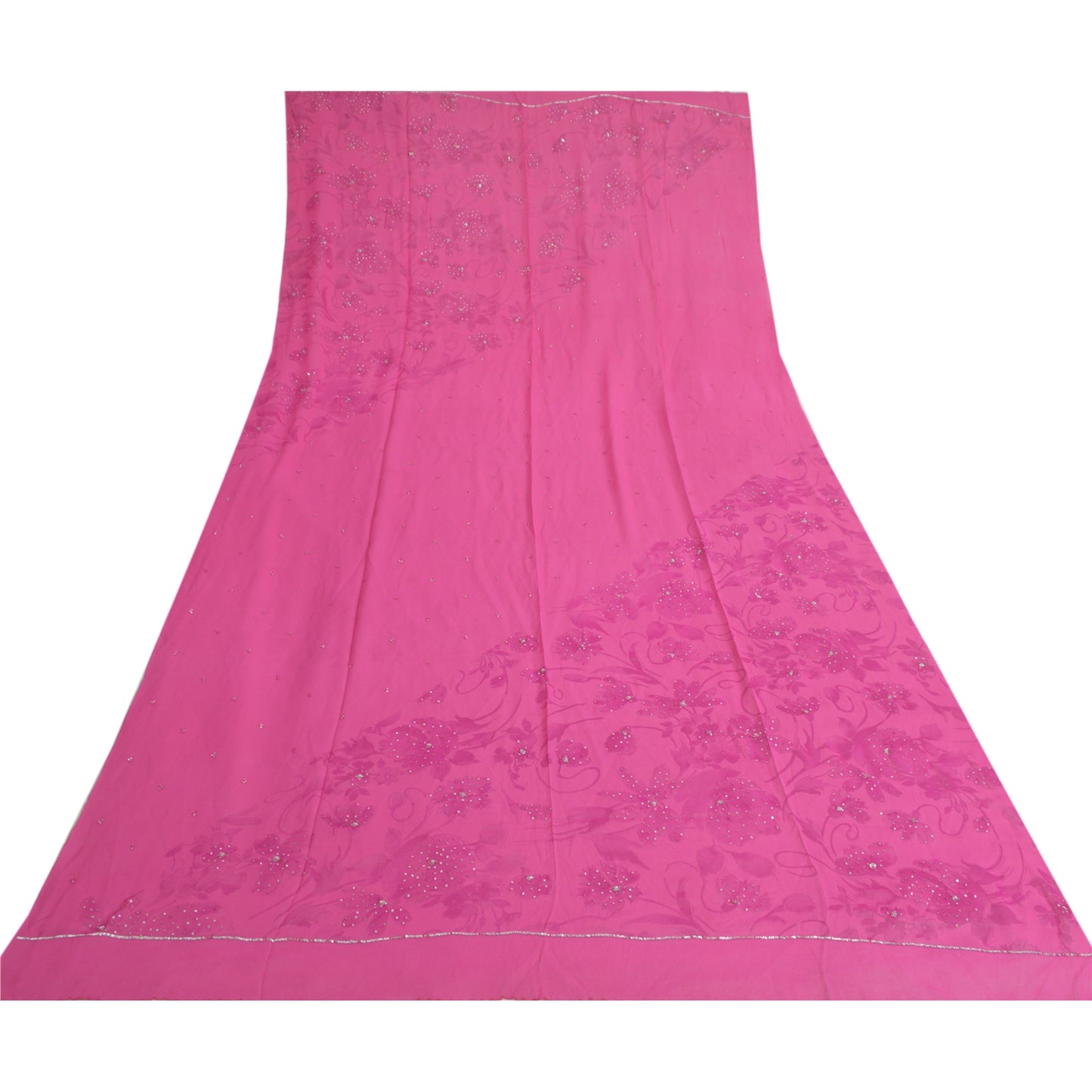 Sanskriti Vintage Long Pink Dupatta Pure Georgette Sequins Hand Beads Veil Stole