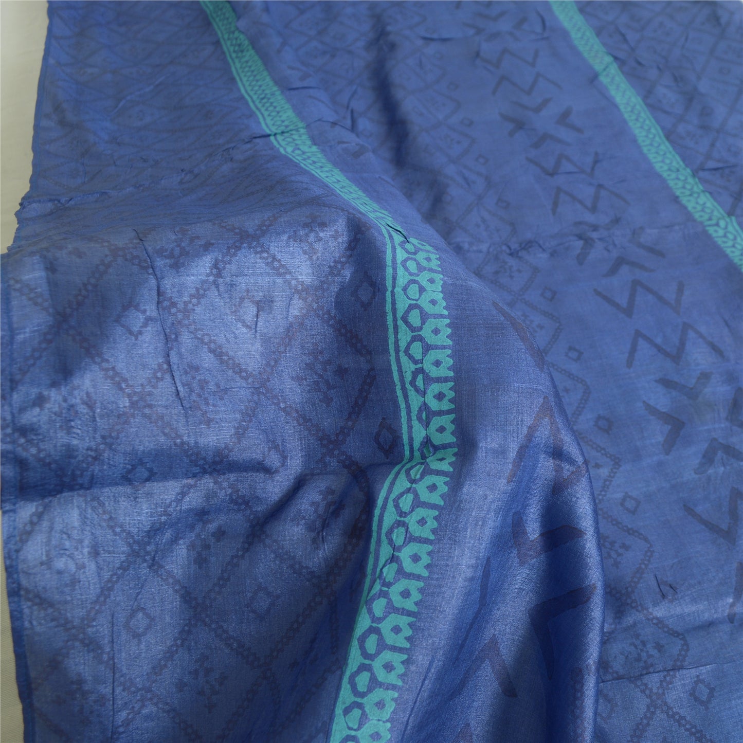 Sanskriti Vintage Long Indian Blue Dupatta Hand Block Printed Pure Silk Stole