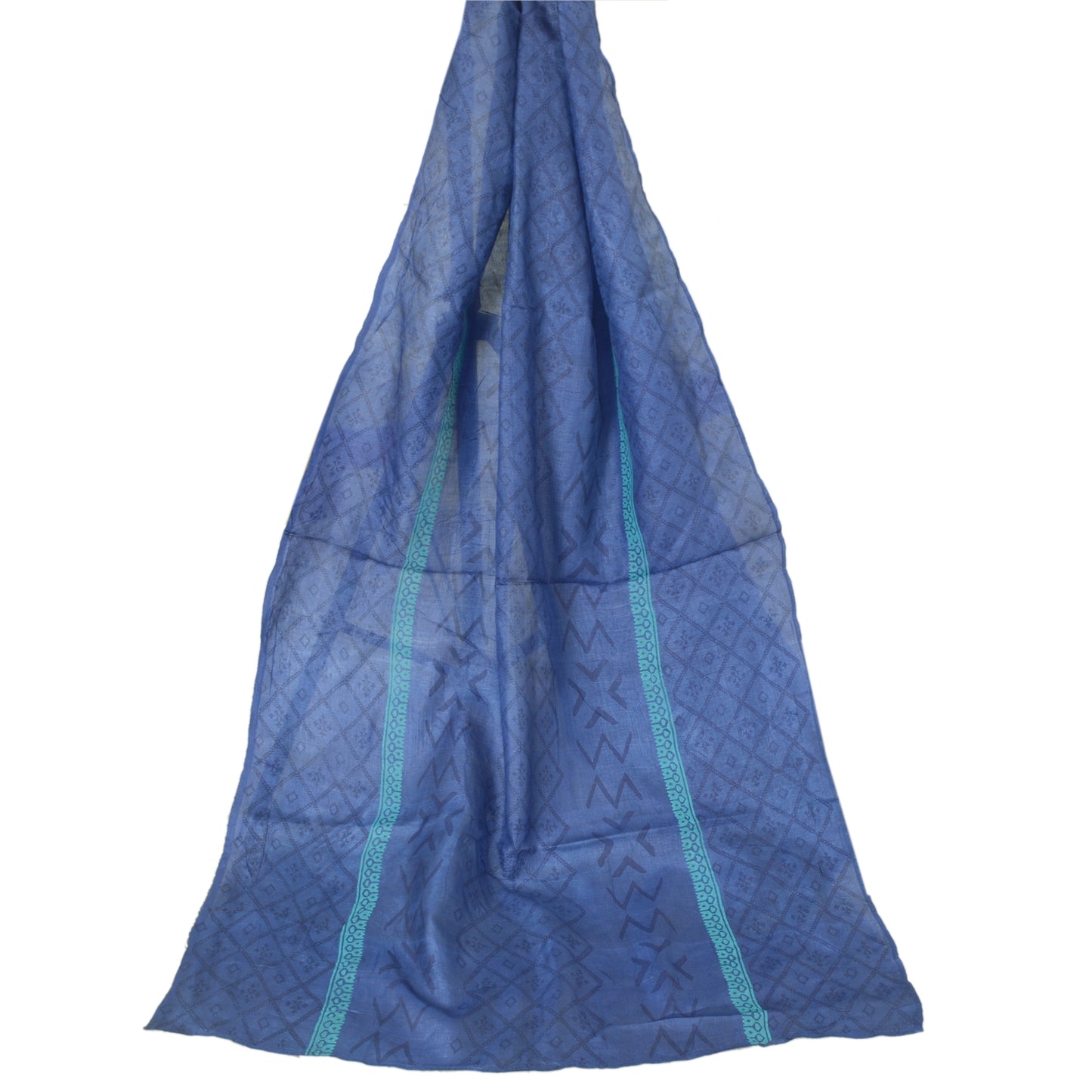 Sanskriti Vintage Long Indian Blue Dupatta Hand Block Printed Pure Silk Stole