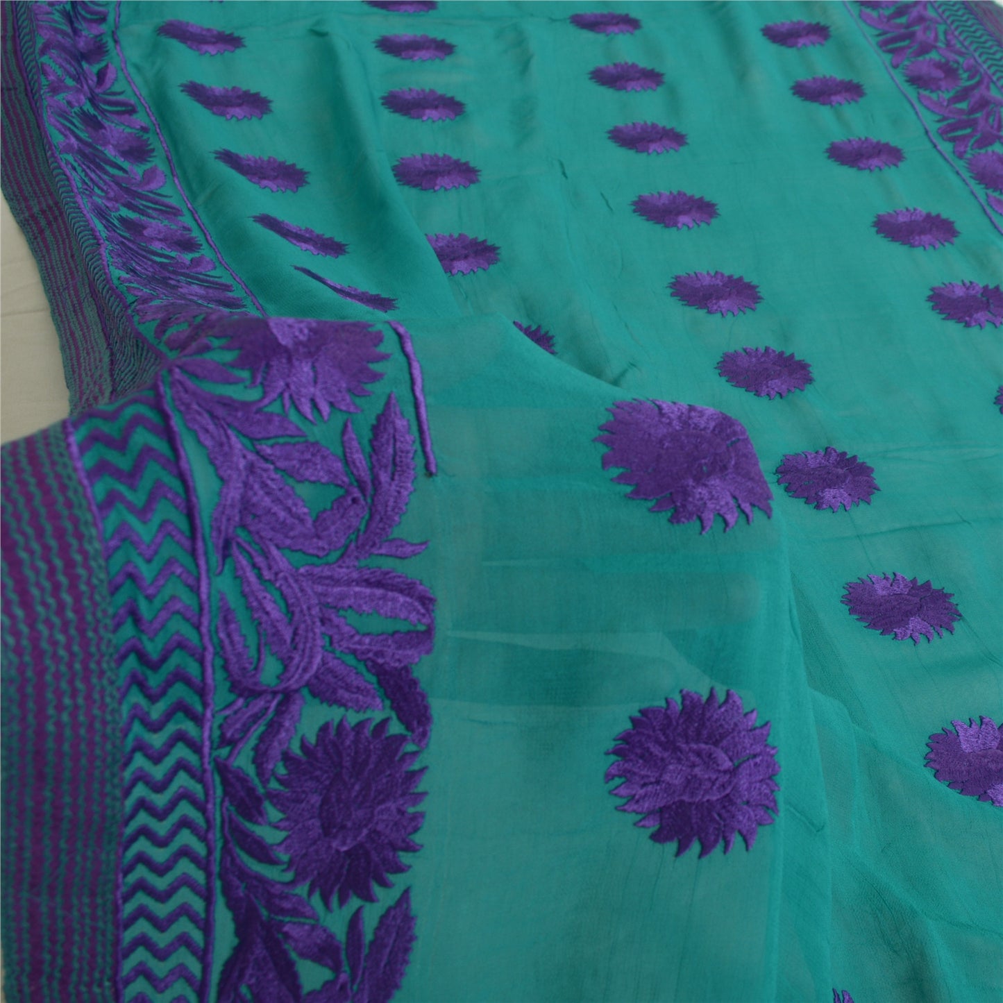 Sanskriti Vintage Long Green/Purple Dupatta Pure Georgette Silk Embroidered Veil