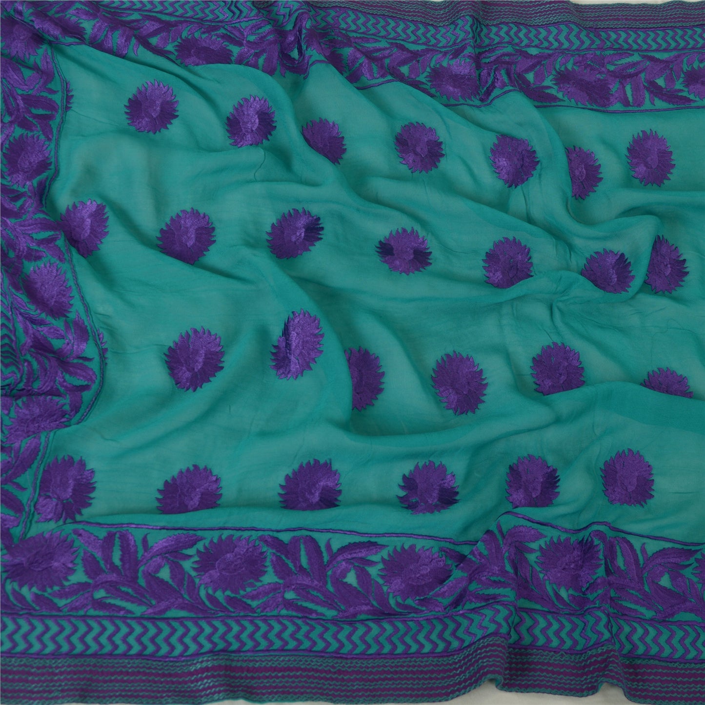 Sanskriti Vintage Long Green/Purple Dupatta Pure Georgette Silk Embroidered Veil