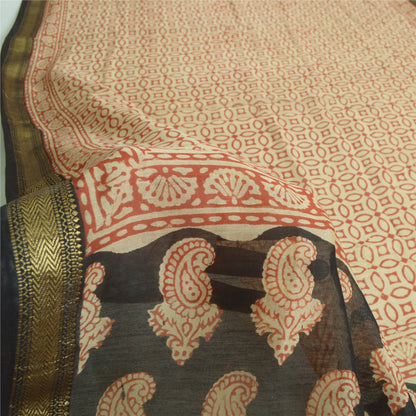 Sanskriti Vintage Long Red/Cream Dupatta Pure Chanderi Cotton Hand Block Printed