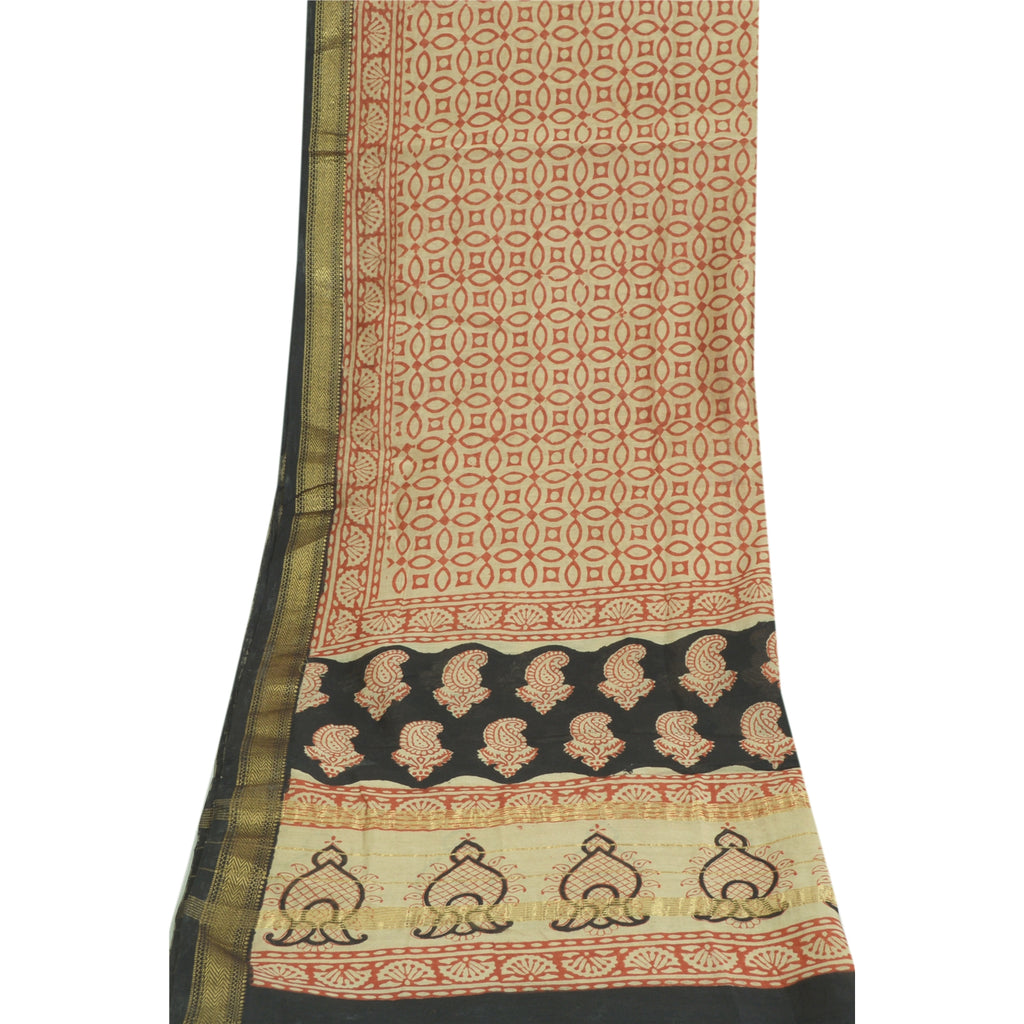 Sanskriti Vintage Long Red/Cream Dupatta Pure Chanderi Cotton Hand Block Printed