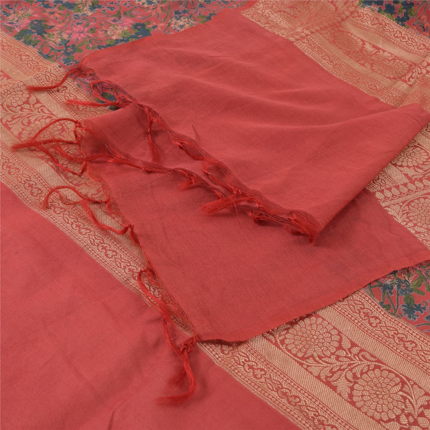 Sanskriti Vintage Red/Blue Dupatta Long Stole Pure Silk Woven Printed Wrap Veil