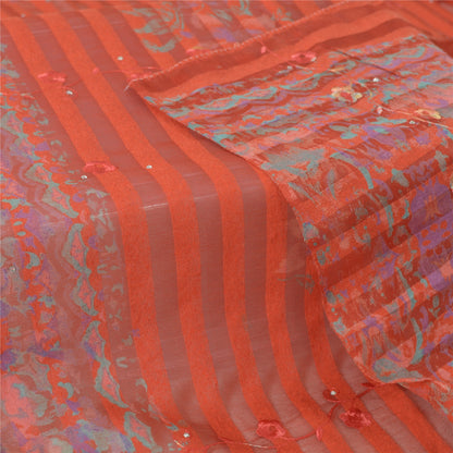 Sanskriti Vintage Long Saffron Dupatta Stole Pure Silk Hand Beaded Print Veil