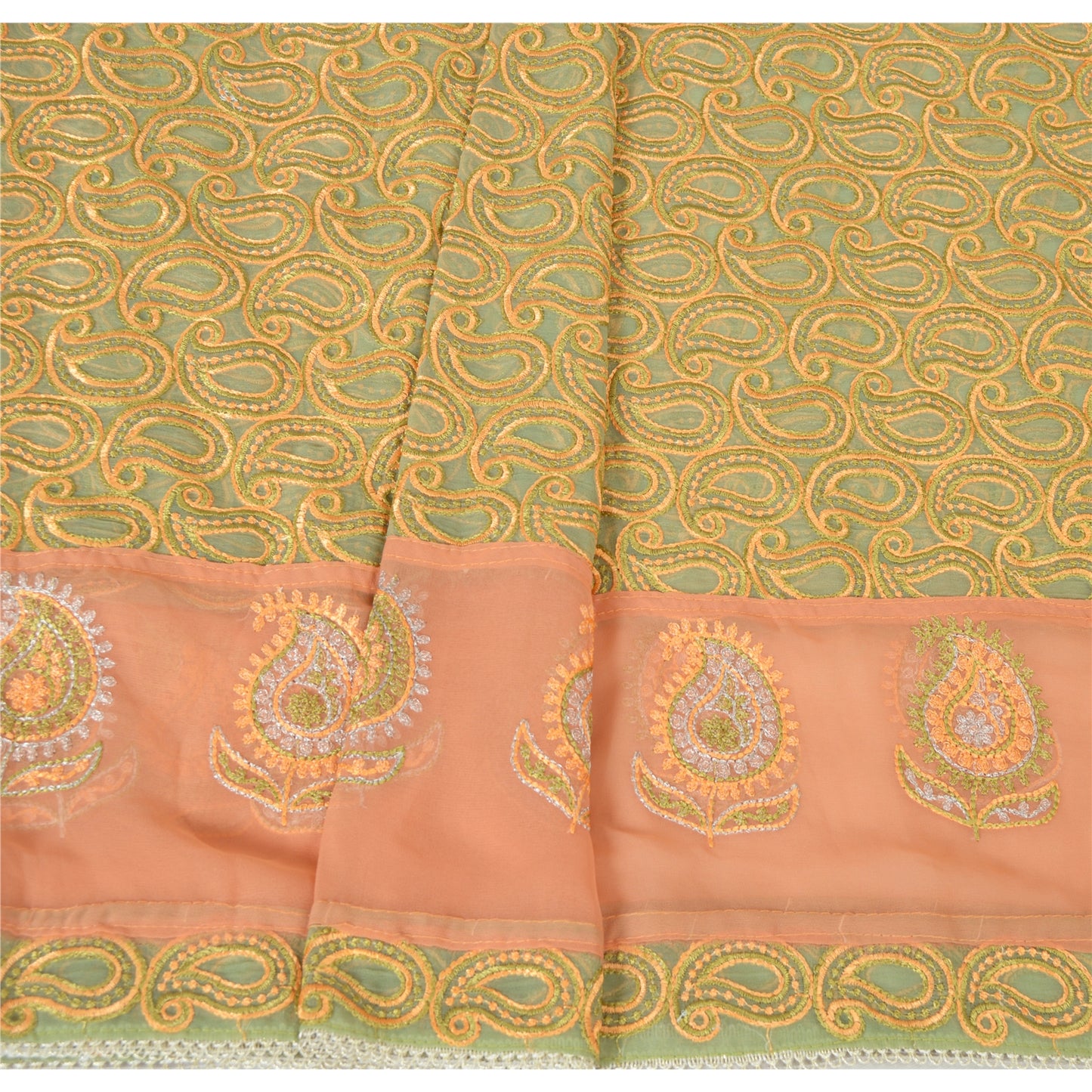 Sanskriti Vintage Long Green Dupatta Georgette Embroidered Paisley Stole Veil