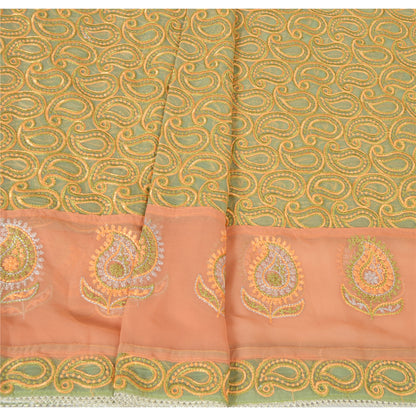 Sanskriti Vintage Long Green Dupatta Georgette Embroidered Paisley Stole Veil