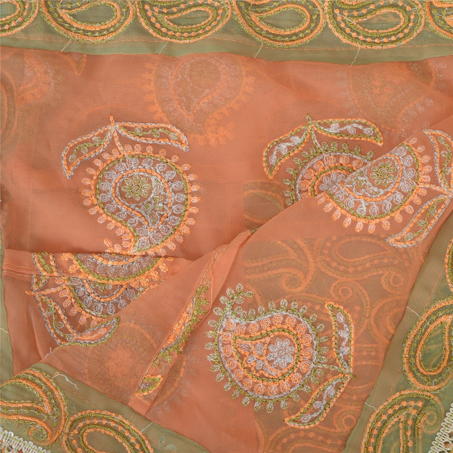 Sanskriti Vintage Long Green Dupatta Georgette Embroidered Paisley Stole Veil