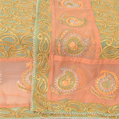 Sanskriti Vintage Long Green Dupatta Georgette Embroidered Paisley Stole Veil