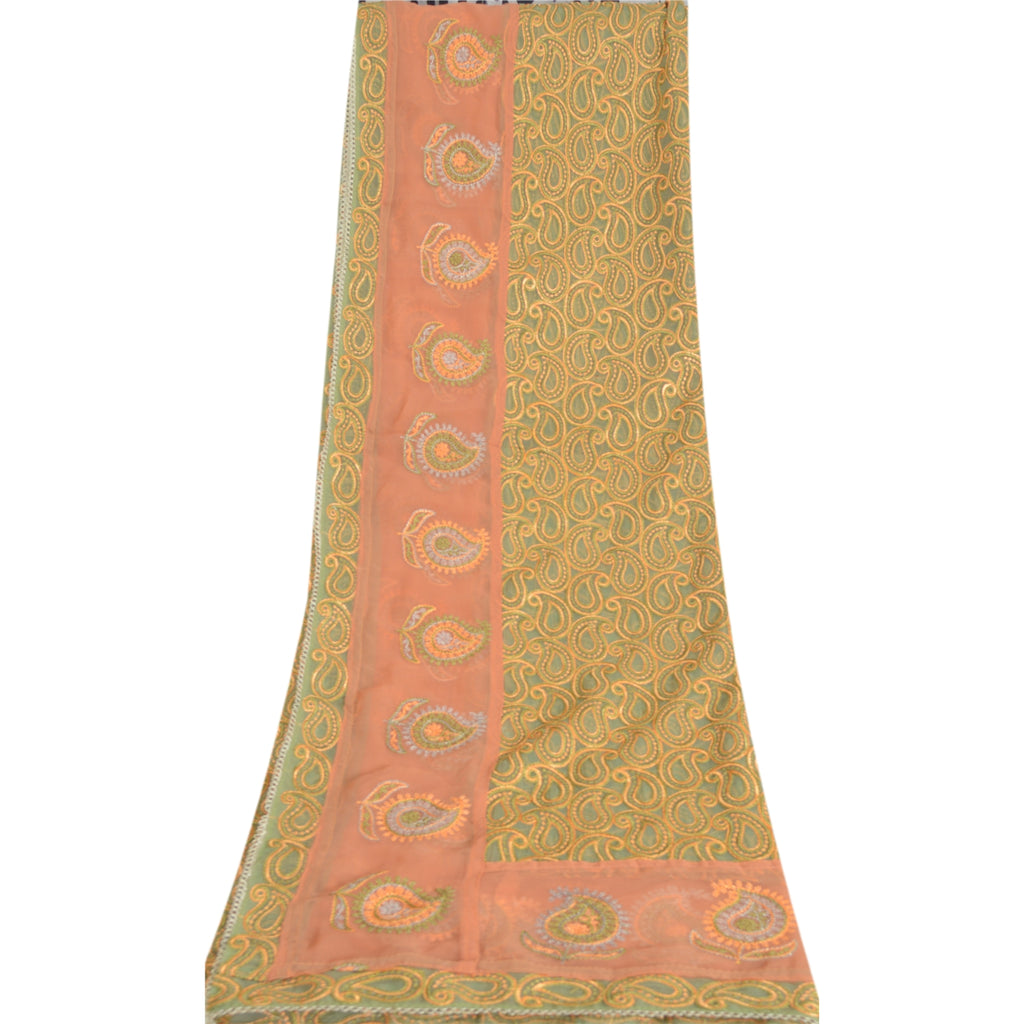 Sanskriti Vintage Long Green Dupatta Georgette Embroidered Paisley Stole Veil