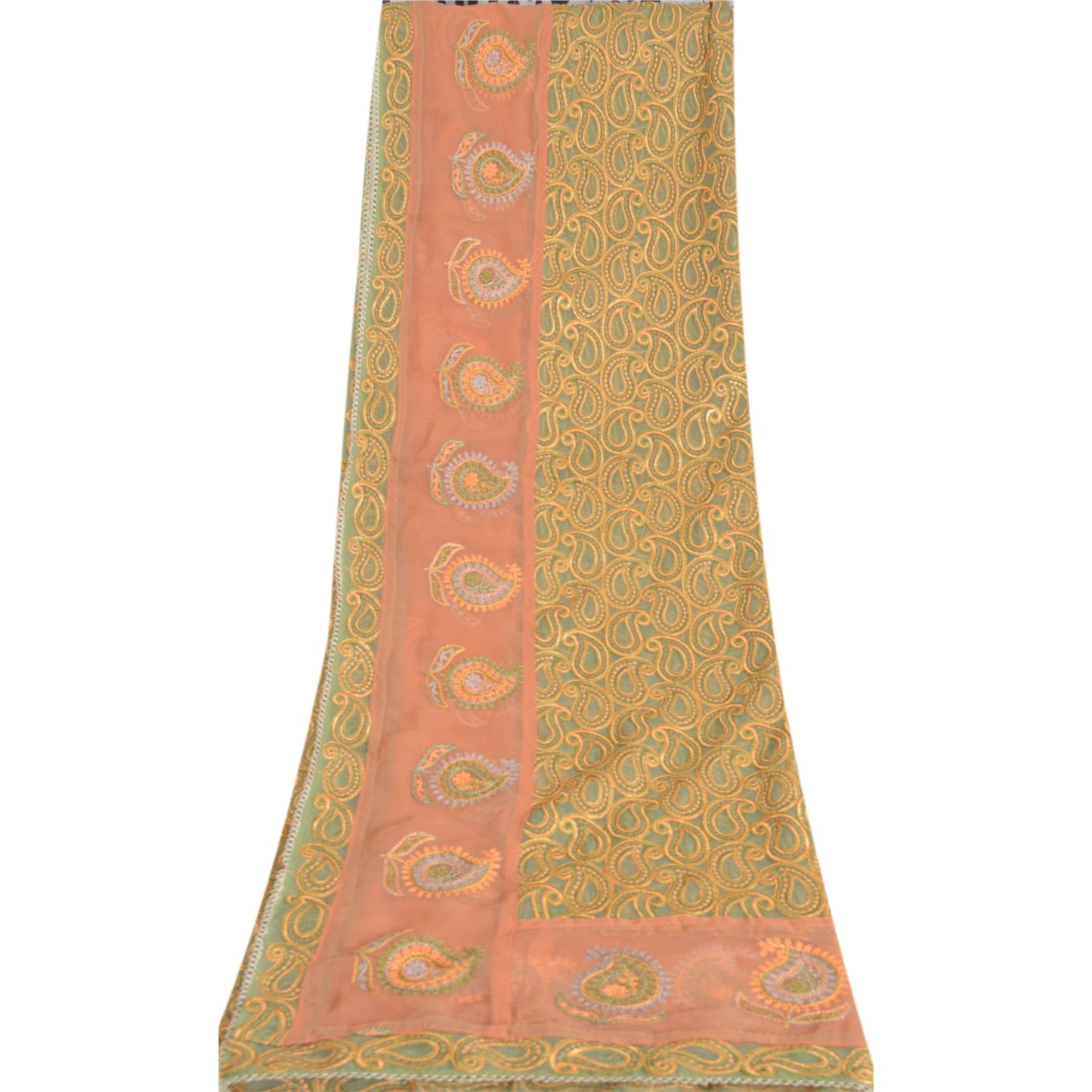 Sanskriti Vintage Long Green Dupatta Georgette Embroidered Paisley Stole Veil