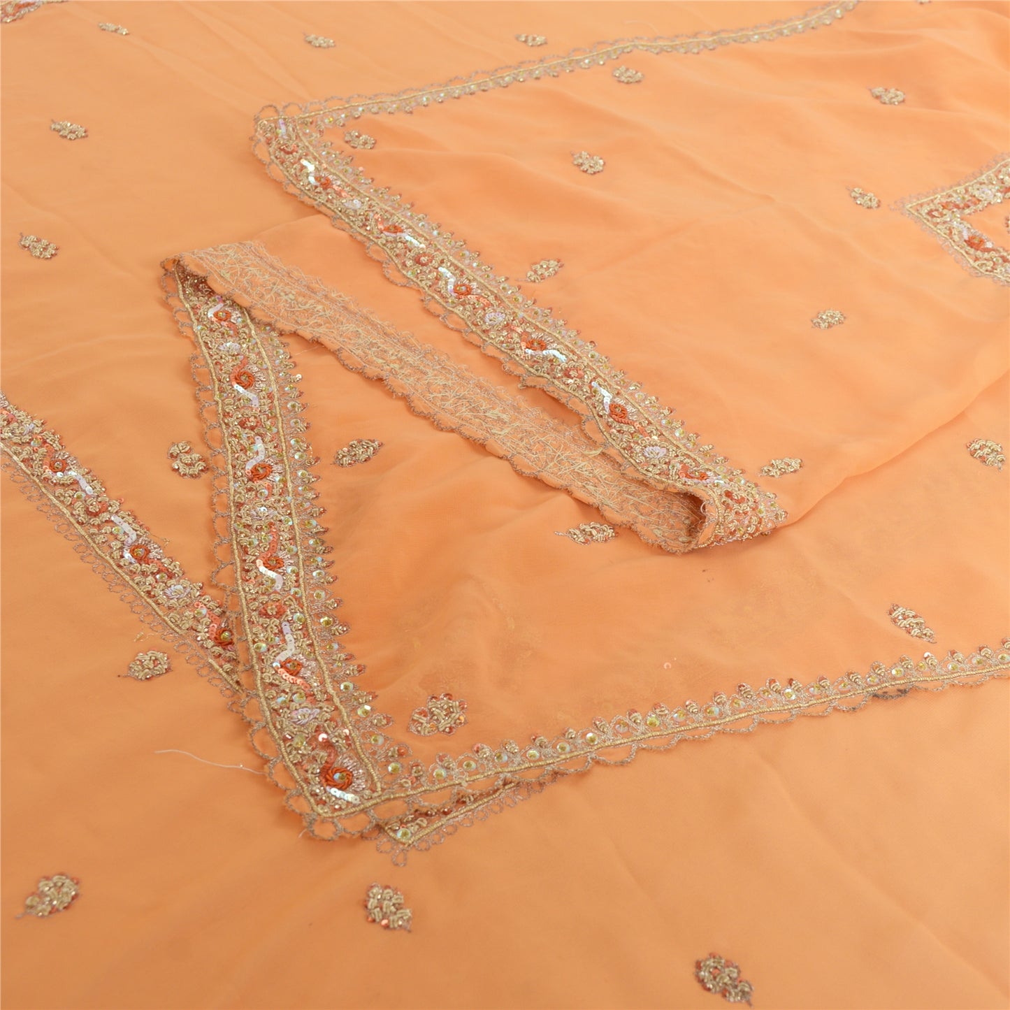 Sanskriti Vintage Long Orange Dupatta Hand Beaded Zardozi Georgette Stole Veil