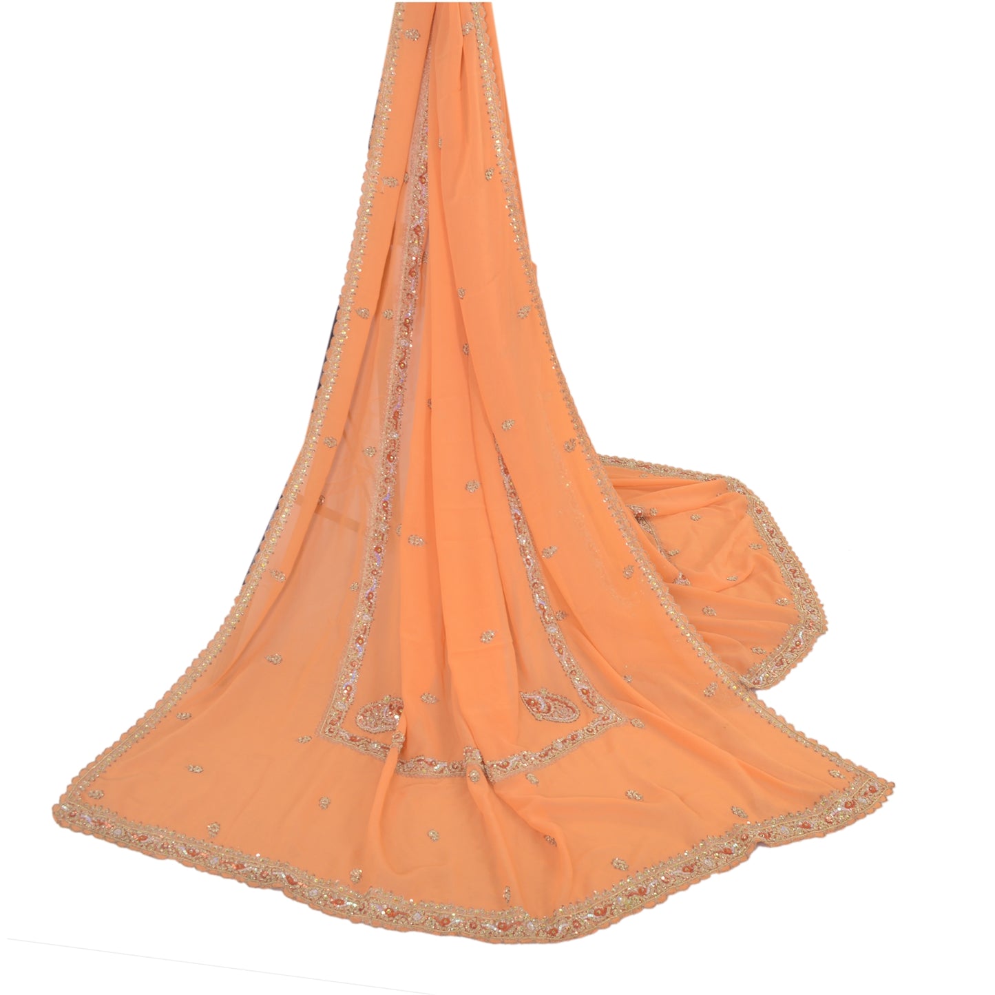 Sanskriti Vintage Long Orange Dupatta Hand Beaded Zardozi Georgette Stole Veil