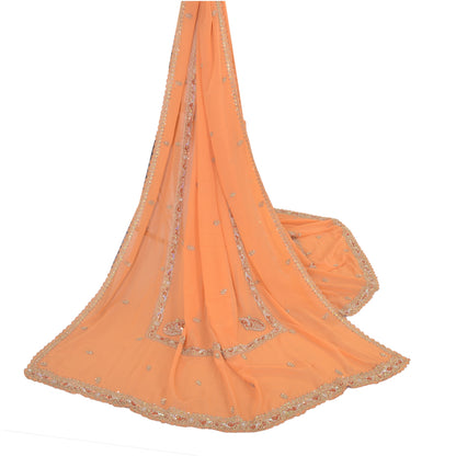 Sanskriti Vintage Long Orange Dupatta Hand Beaded Zardozi Georgette Stole Veil