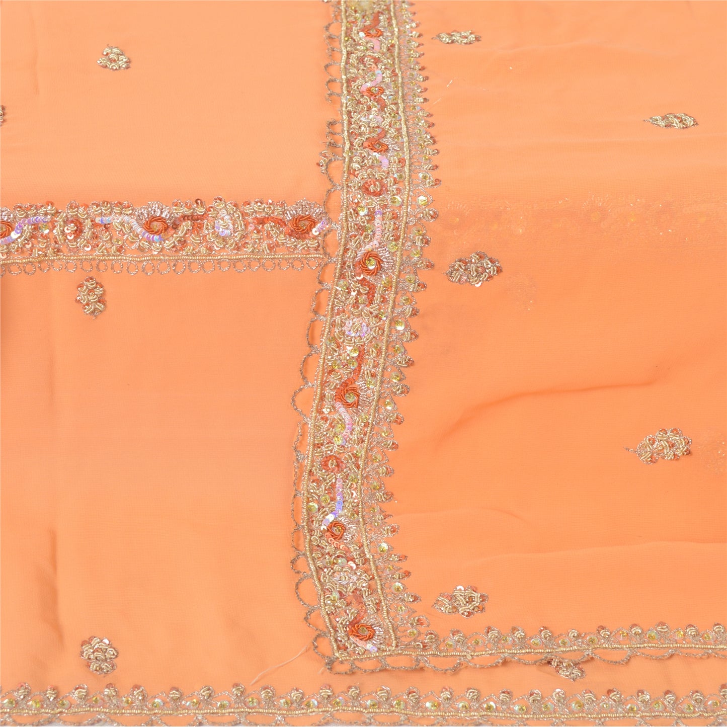 Sanskriti Vintage Long Orange Dupatta Hand Beaded Zardozi Georgette Stole Veil