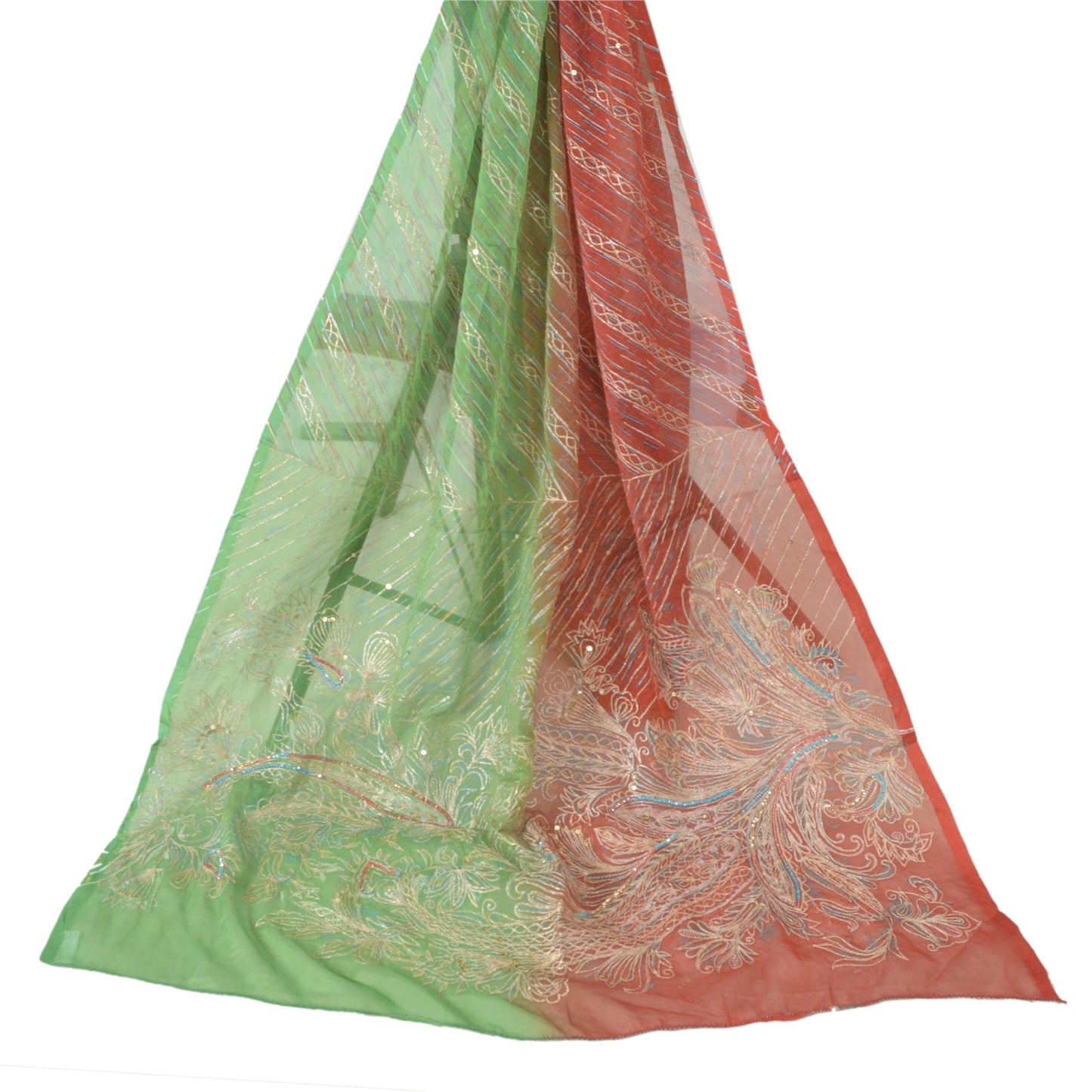 Sanskriti Vintage Long Red/Green Dupatta Chiffon Hand Beaded Zari Stole Scarf