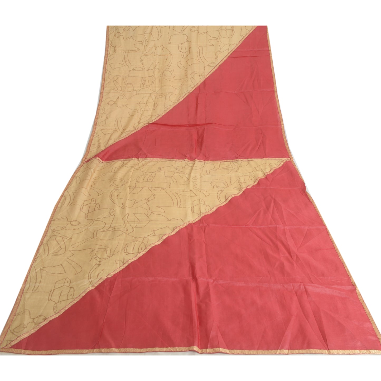 Sansrkiti Vintage Long Stole Dupatta Red/Cream Pure Silk Printed Woven Scarves