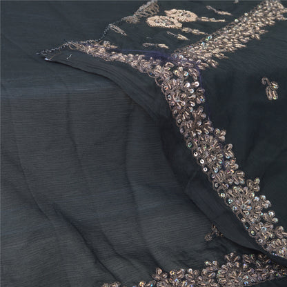 Sanskriti Vintage Long Black Pure Chiffon Silk Dupatta Hand Beaded Dabka Stole