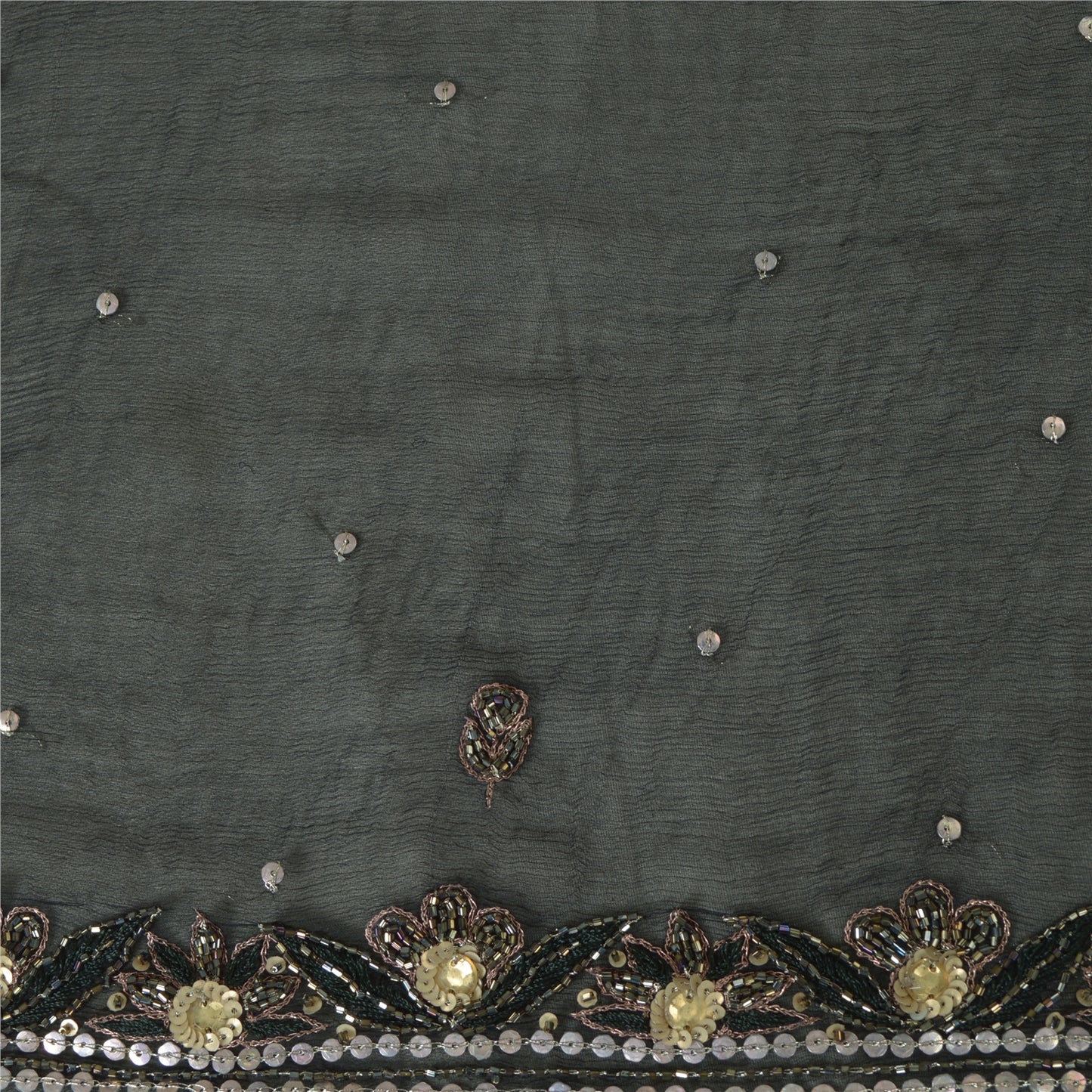 Sanskriti Vintage Long Gray Dupatta Pure Chiffon Silk Hand Beaded Scarves Stole