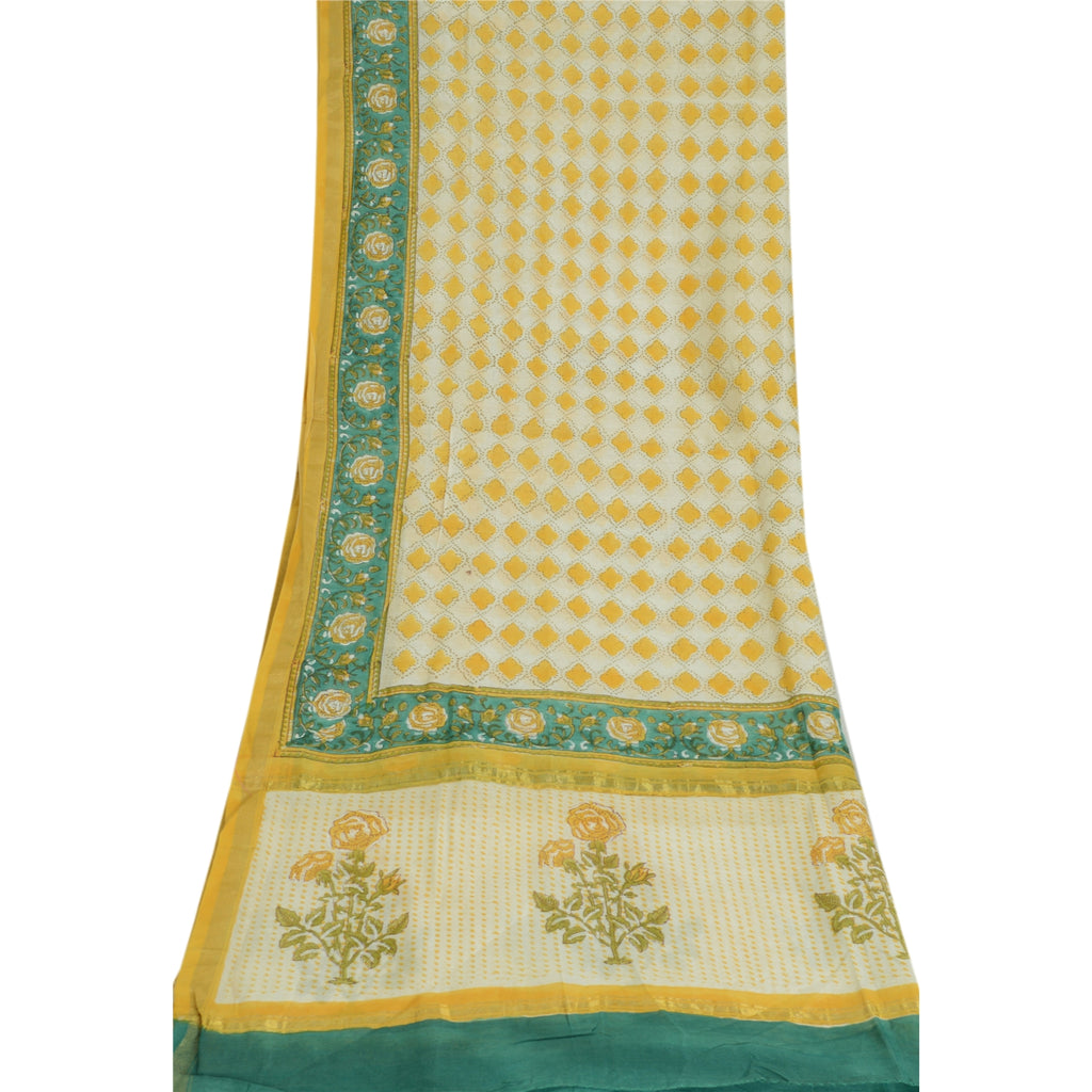 Sanskriti Vintage Long Dupatta Pure Cotton Ivory Hand Block Zari Border Stole