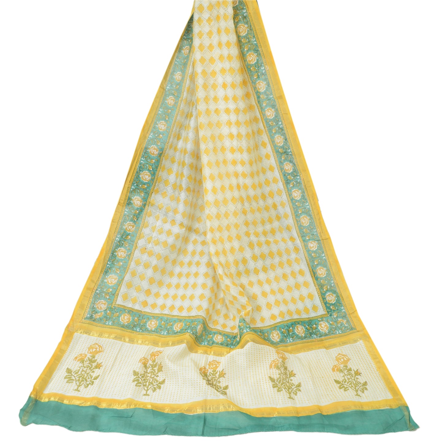 Sanskriti Vintage Long Dupatta Pure Cotton Ivory Hand Block Zari Border Stole