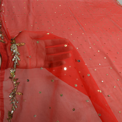 Sanskriti Vintage Long Dupatta Georgette Red Hand Beaded Sequin Stole Scarf Veil