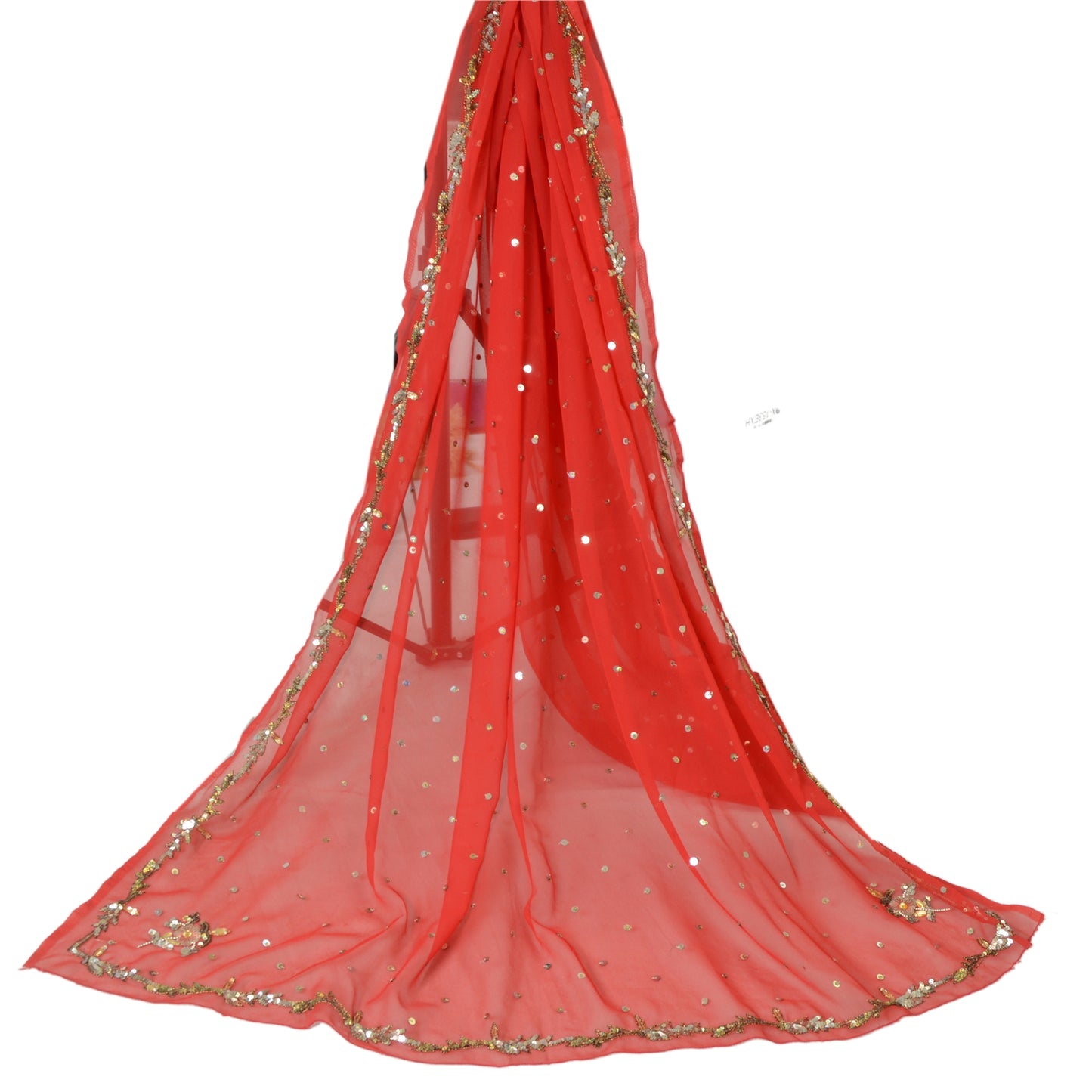 Sanskriti Vintage Long Dupatta Georgette Red Hand Beaded Sequin Stole Scarf Veil