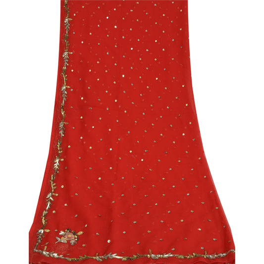 Sanskriti Vintage Long Dupatta Georgette Red Hand Beaded Sequin Stole Scarf Veil