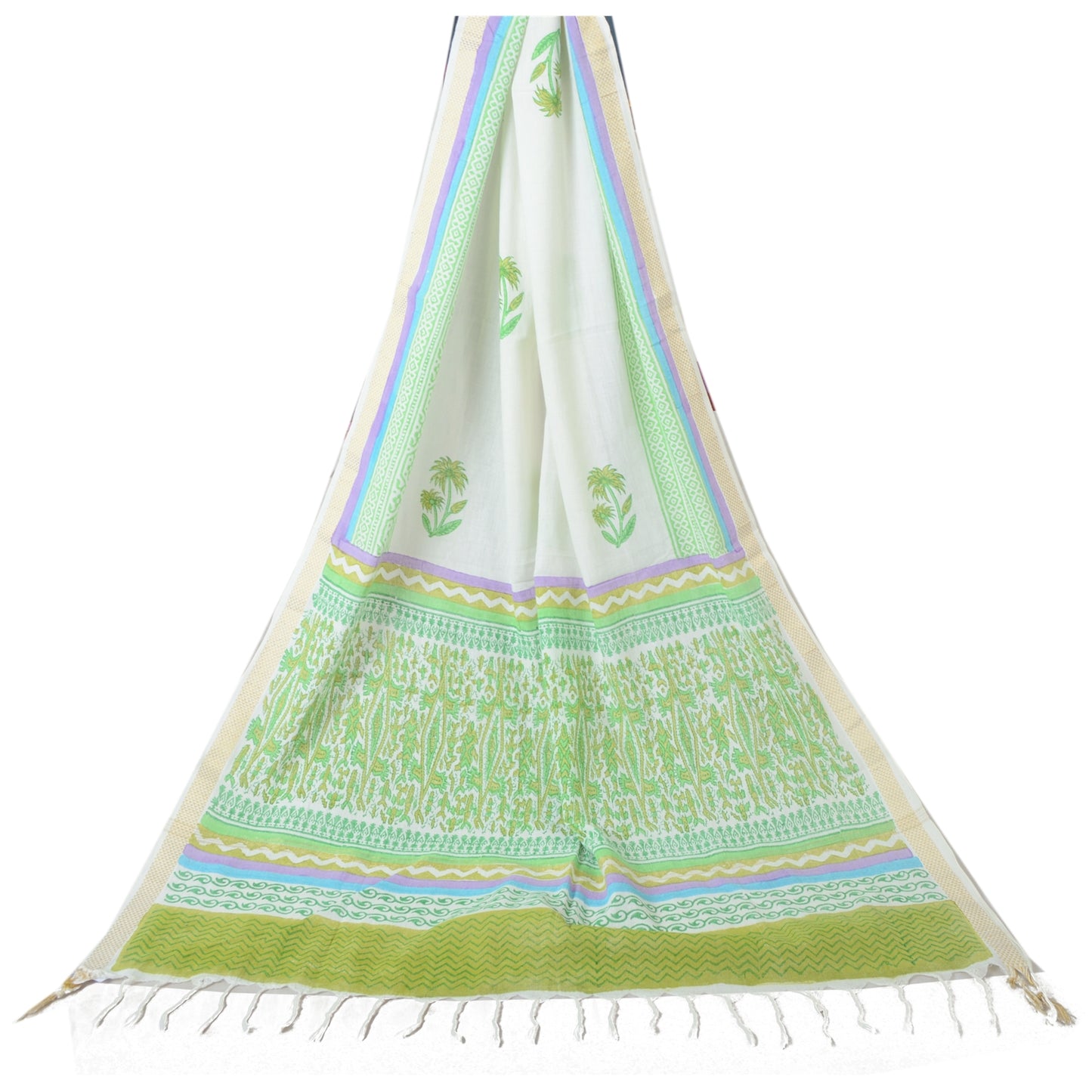 Sanskriti Vintage Long Dupatta Pure Cotton Ivory Floral Printed Stole Scarf Veil