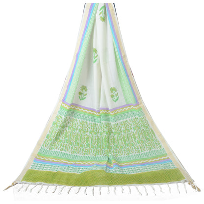 Sanskriti Vintage Long Dupatta Pure Cotton Ivory Floral Printed Stole Scarf Veil